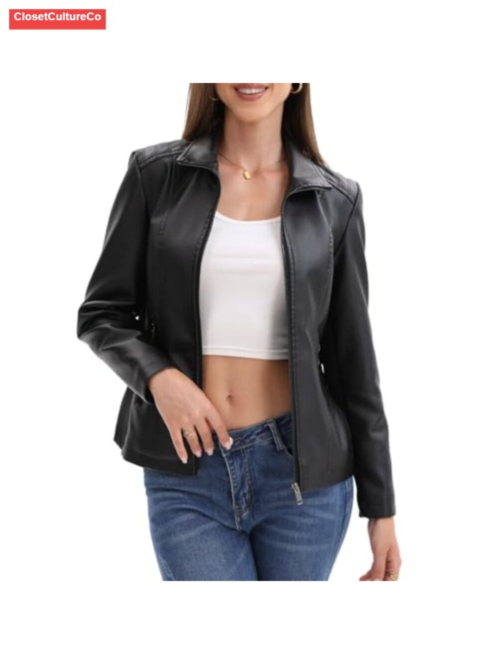Faux Leather Jacket Women Motorcycle Zip Up Coat